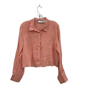 Cynthia Rowley Top Shirt Womens Size Large Coral 100% Linen Button Up Cropped